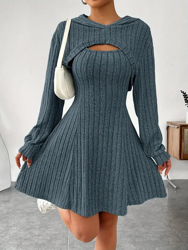 Women's Two-Piece Autumn Outfit – Long Sleeve Hooded Top & Sleeveless A-Line Dress