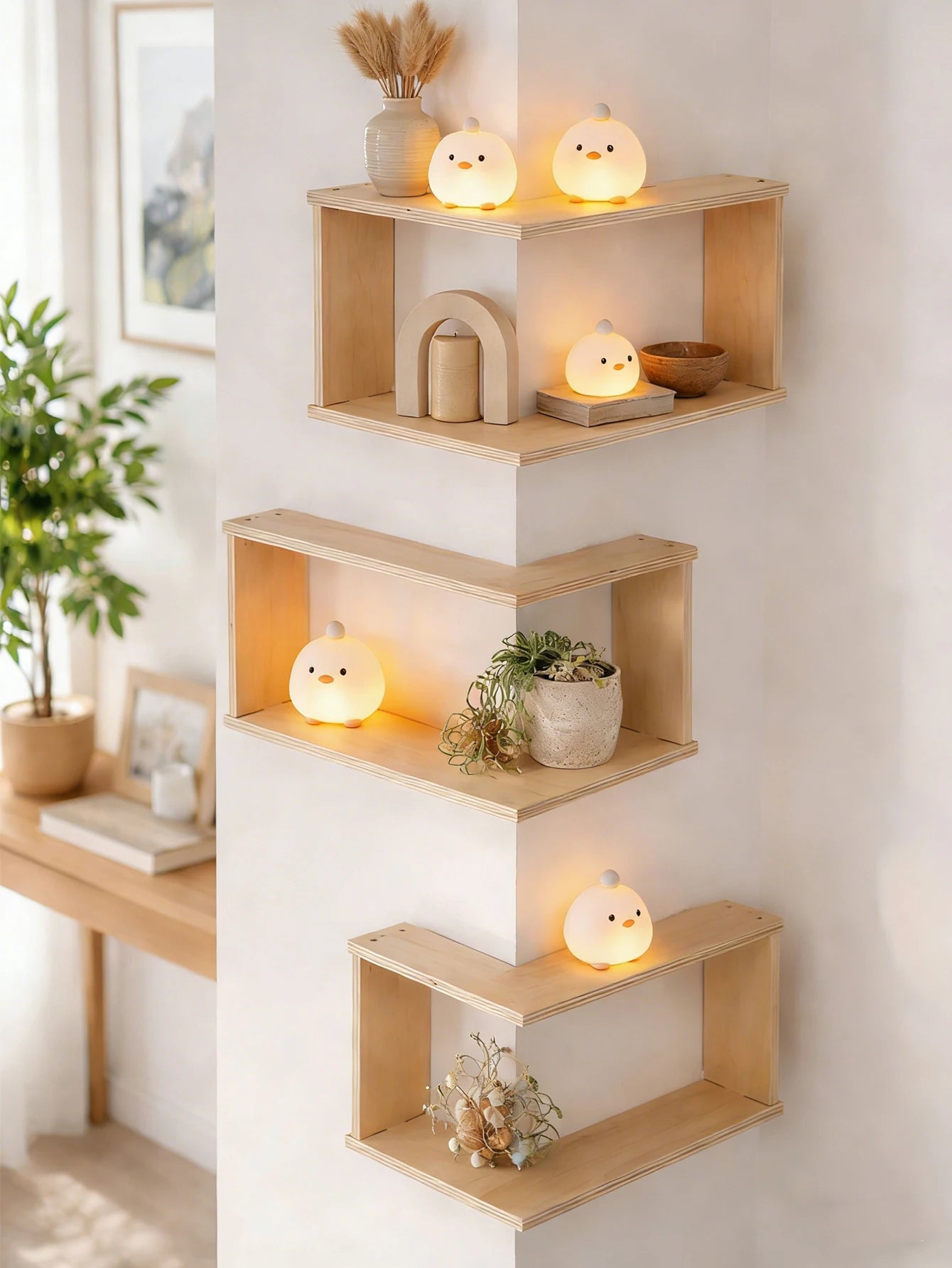 Corner Floating Wooden Shelf – Wall Mounted Storage for Plants & Decor