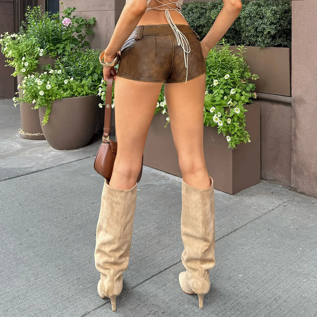 Street Style Spice Girls Fashion New Sexy Brown Pu Leather Super Shorts Women Low Waist Tight Hip Wrap Hot Pants
