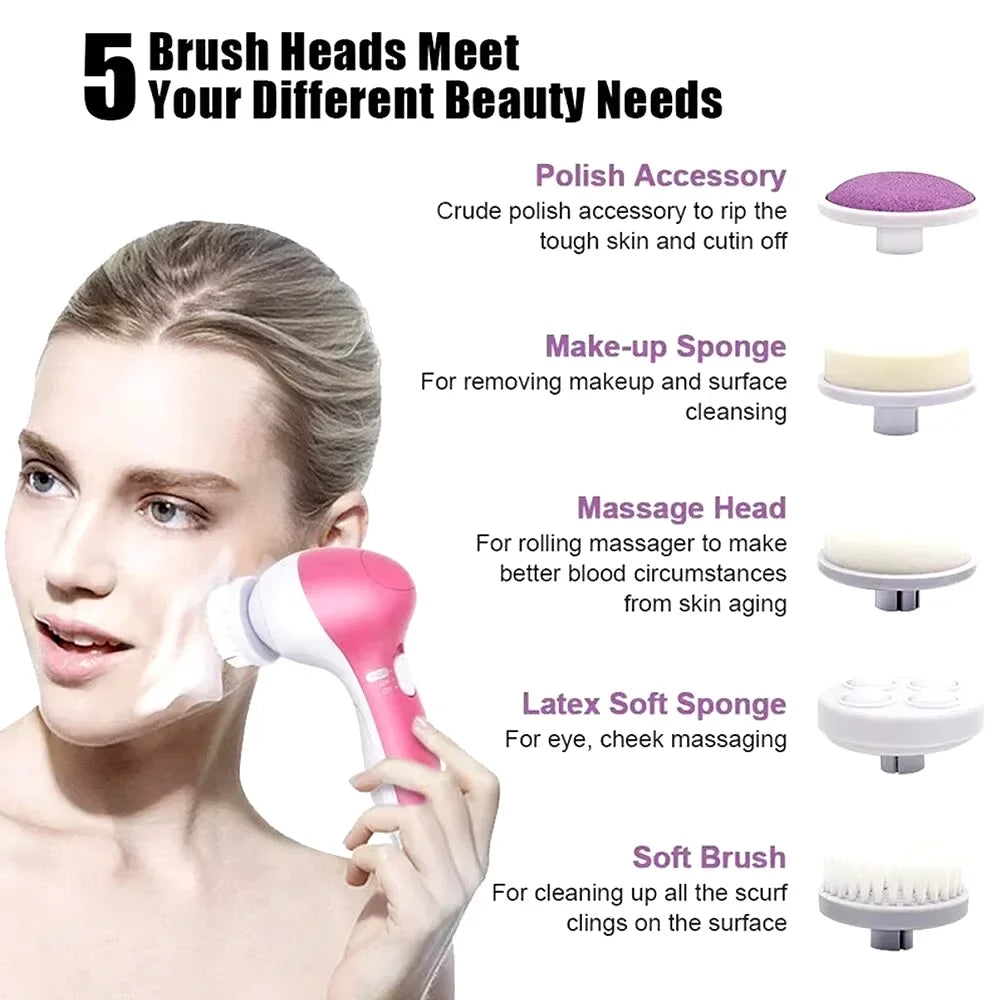 Electric 5-in-1 Facial Cleansing Brush – Rotating Pore Cleaner & Massage Beauty Device