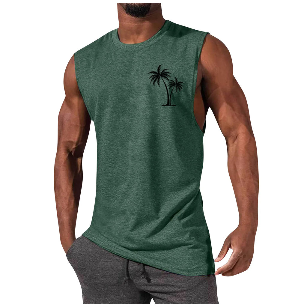 2025 Men'S Muscle Fitness Shirt Sports T-Shirt Gym Training Shirt Summer Casual Vest Tree Print Sleeveless Round Neck