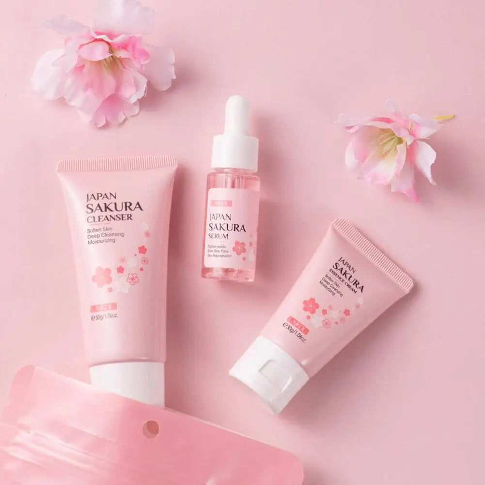 Cherry Blossom Travel Skin Care Set – Cleanser, Serum, Eye & Face Cream, Sunscreen