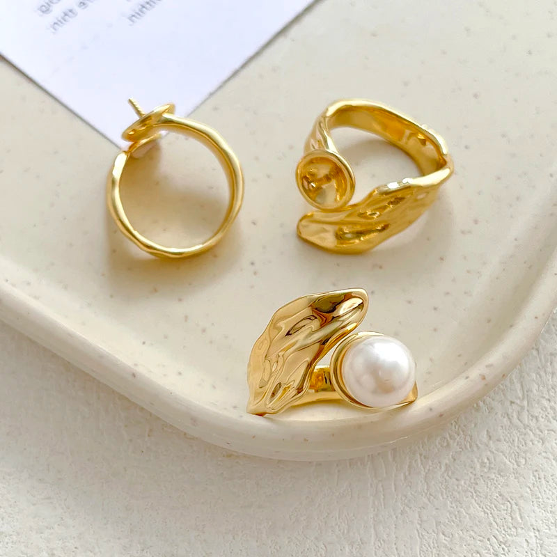 3-Piece Gold-Plated Brass Ring Settings – Irregular Baroque Jewellery Making Accessories