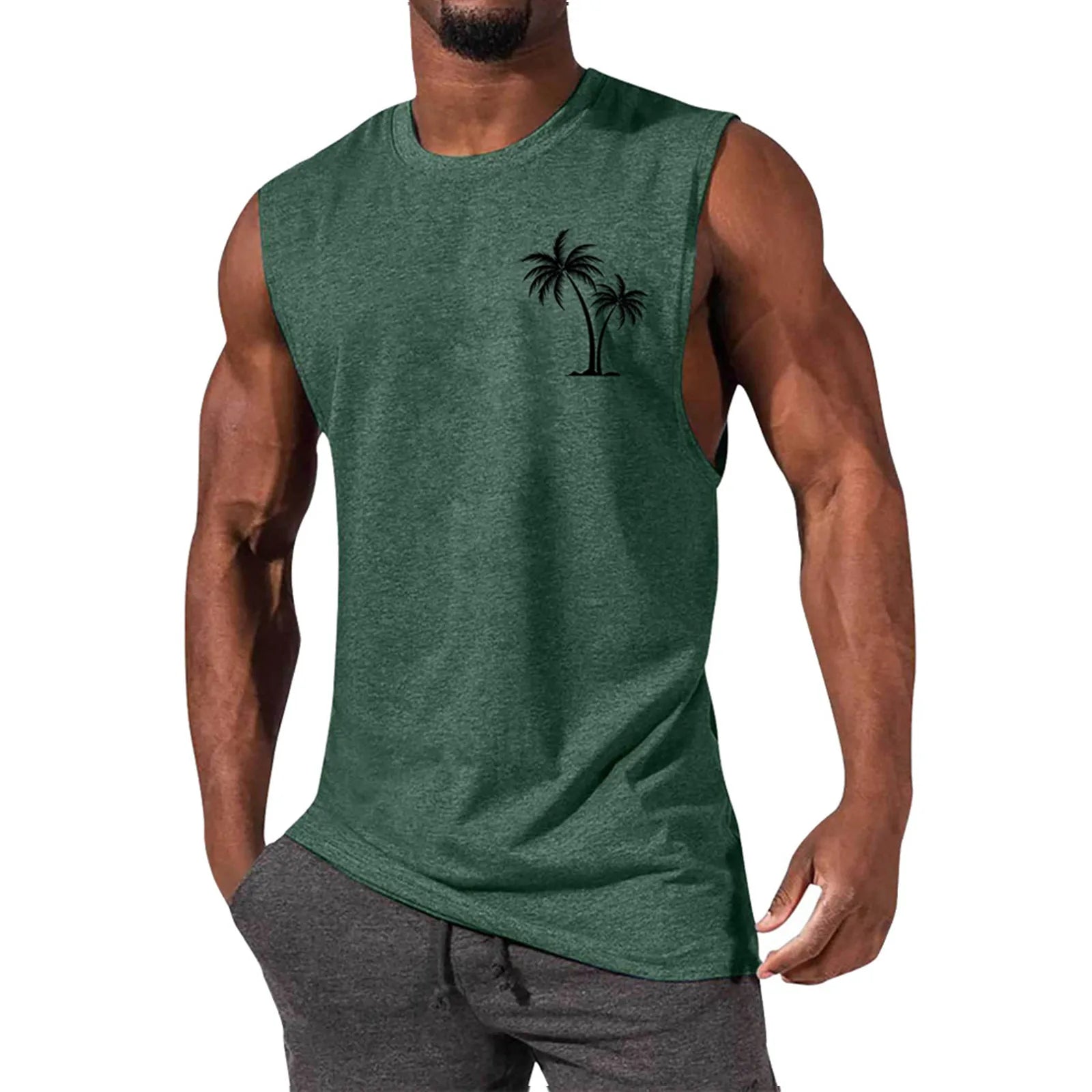 2025 Men'S Muscle Fitness Shirt Sports T-Shirt Gym Training Shirt Summer Casual Vest Tree Print Sleeveless Round Neck