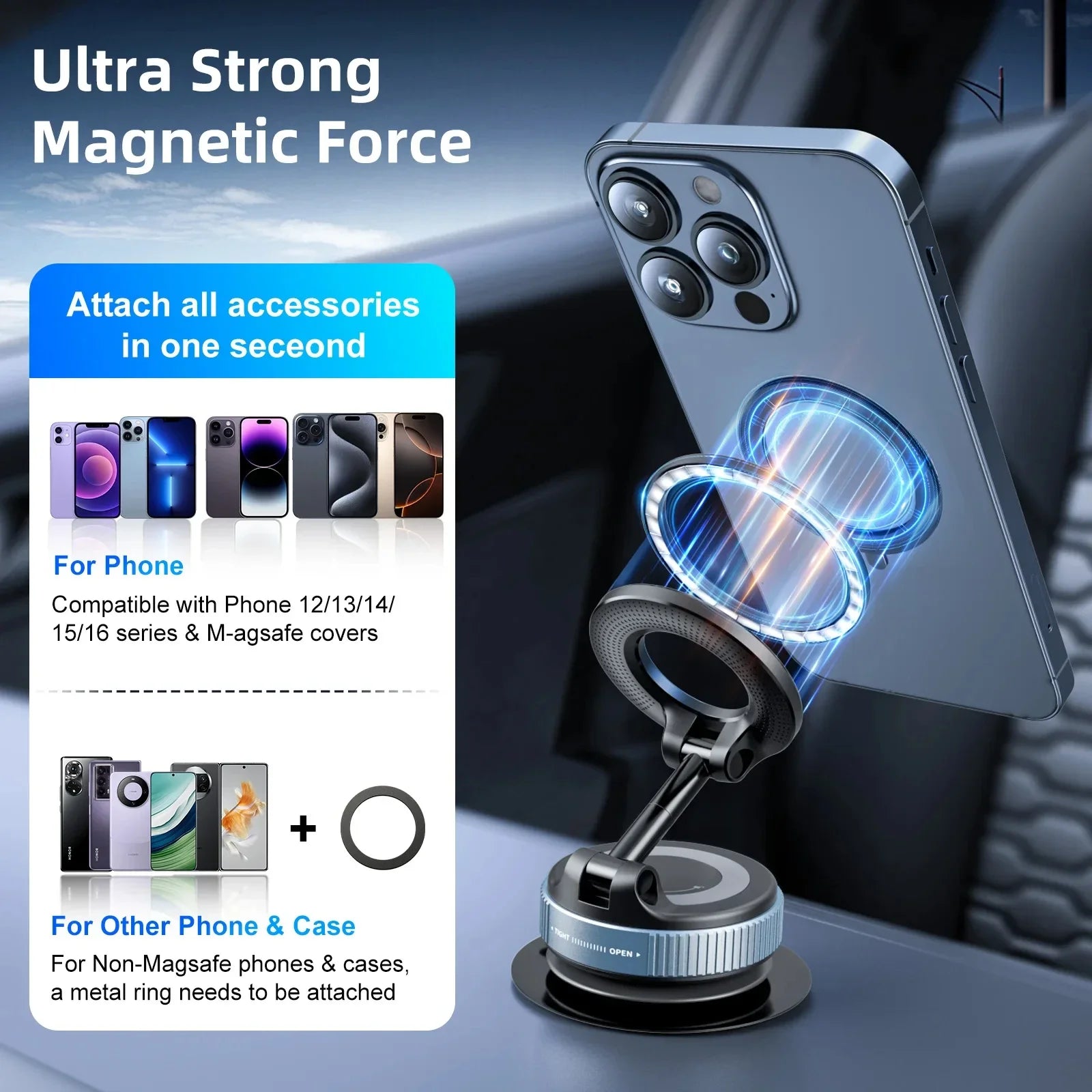 360° Magnetic Car Phone Mount – Vacuum Suction Navigation Holder