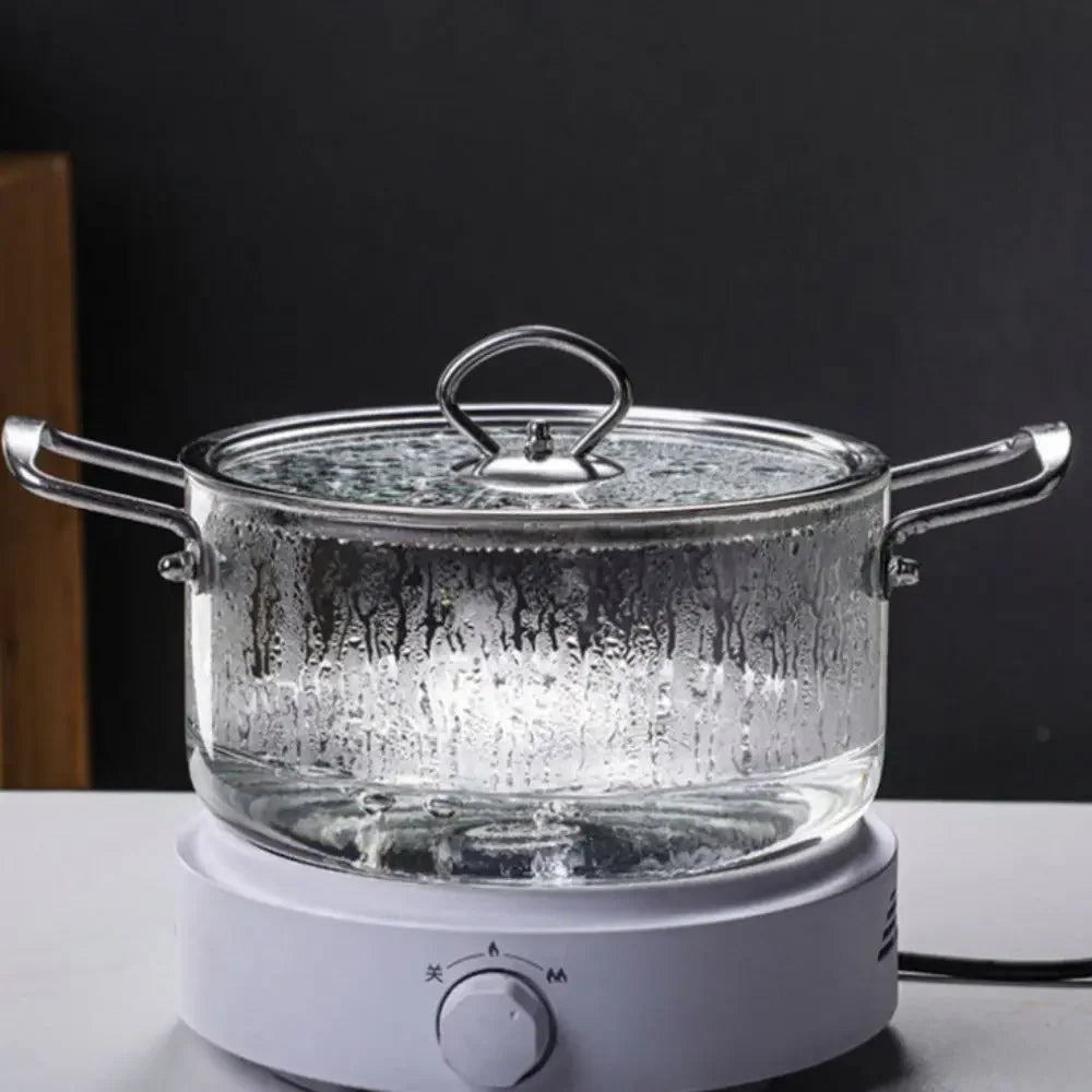 Heat-resistant glass double-eared transparent soup pot kitchen household high borosilicate glass stainless steel handle noodle