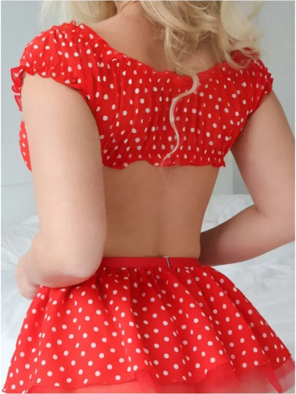 Women's Erotic  Short Skirt with Garter Straps Sexy Lingerie Women Sexy Polka Dot Off Shoulder Puffy Skirt Polka  Exotic Set