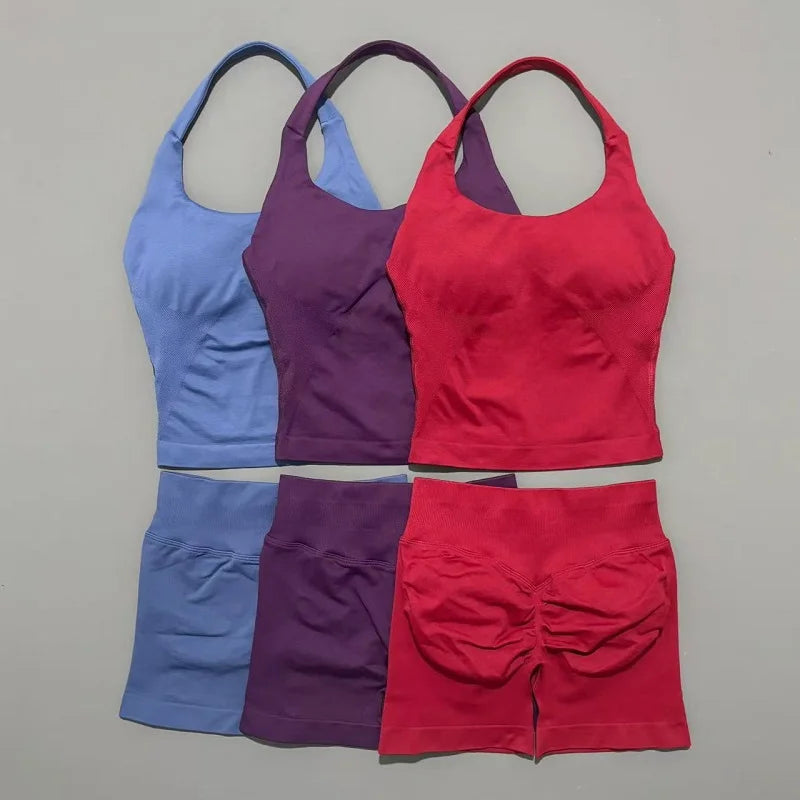 2 Pcs HISTELLO Halter Top Strappy Bra Shorts Set Women Yoga Workout Clothes Seamless Vest Hip-Lifting Sports Leggings Gym Suit