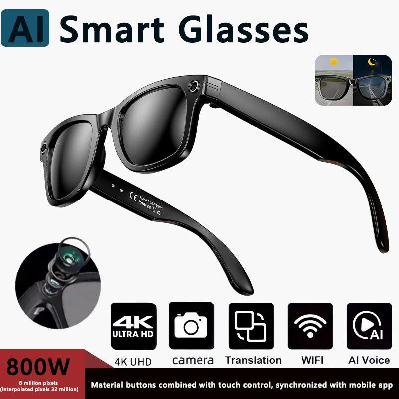 AI Smart Glasses with 8MP Camera Video Recording 100+ Languages Translation Blue LightSunglasses Bluetooth Call WIFI Men Women