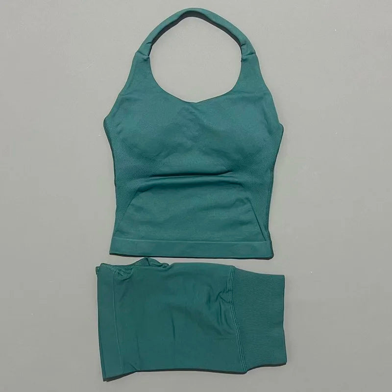 2 Pieces Impact Halter Top Strappy Bra Shorts Set Women Seamless Yoga Gym Leggings Set Running Fitness Sports Shorts Suit