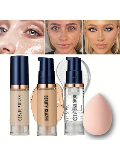 3-Piece Face Makeup Set – Matte Waterproof Liquid Foundation Primer & Makeup Puff