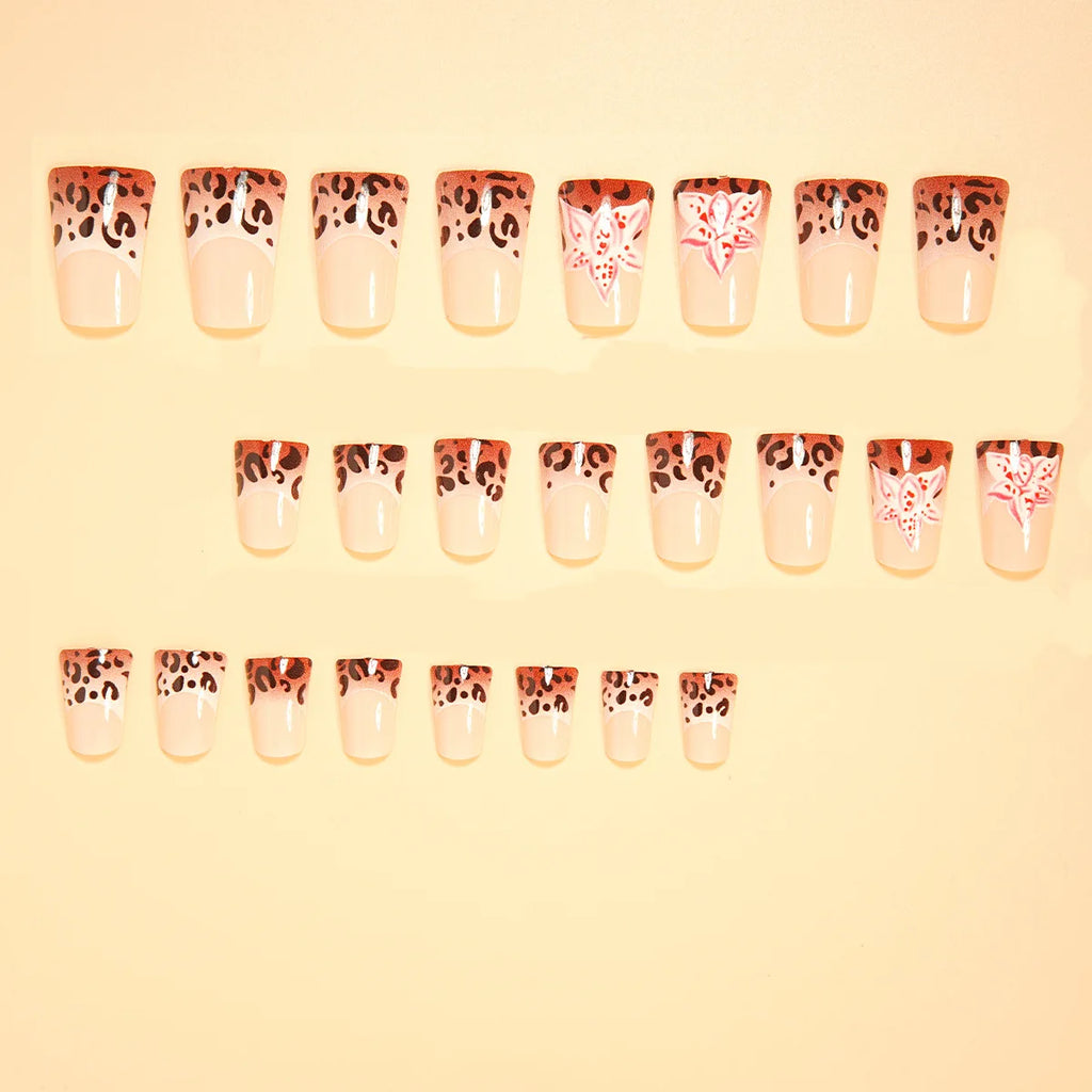 24pcs Medium Long Press-On Nails – Y2K Leopard Gradient Square Ballet Tips