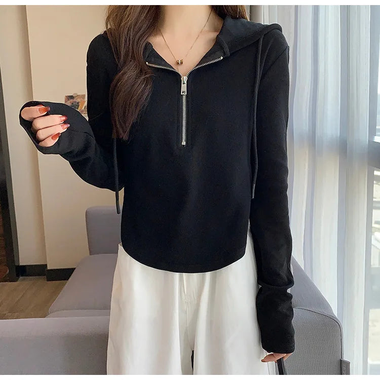 Sweatshirt Design Niche Spring Summer Short Zipper Top Slimming Thin Long-sleeved Hooded Fashion Women's Clothing