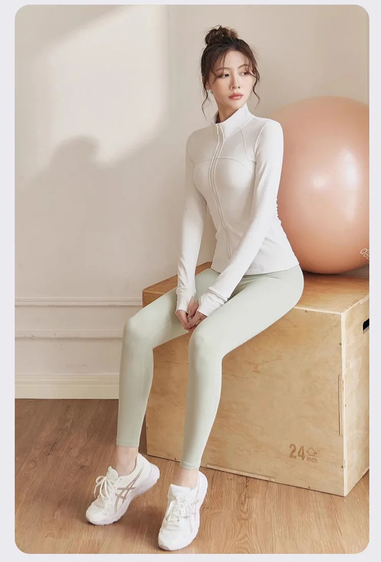 Women’s Zip-Up Long Sleeve Sports Jacket with Pockets – Quick Dry Yoga & Gym Top