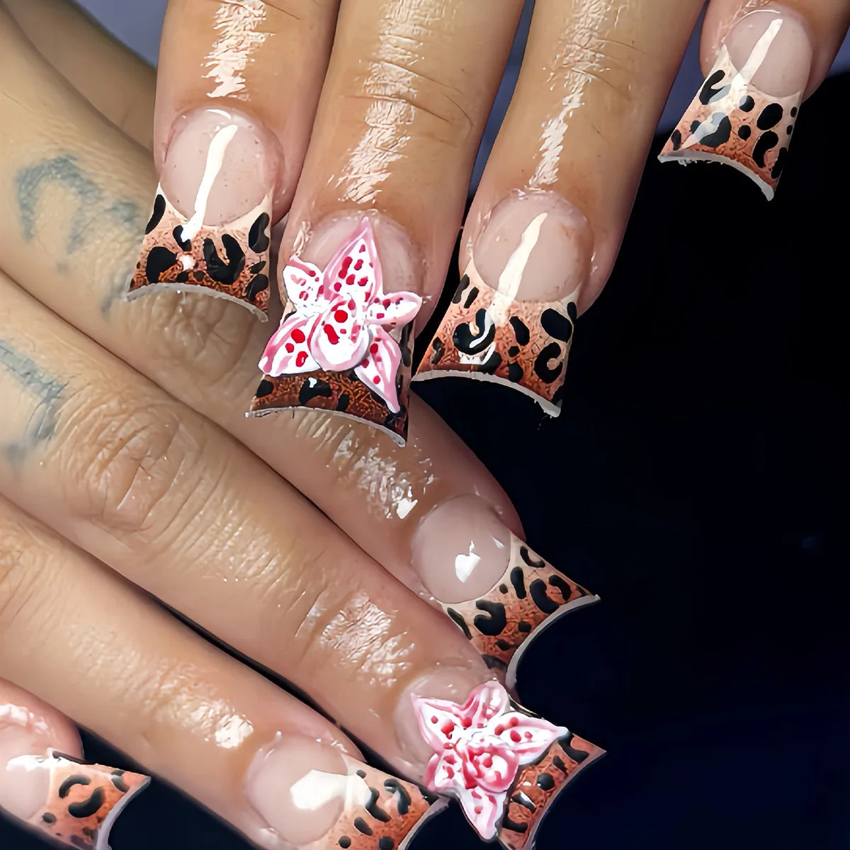 24pcs Medium Long Press-On Nails – Y2K Leopard Gradient Square Ballet Tips