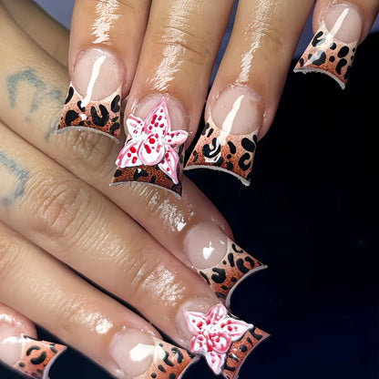 24pcs Medium Long Press-On Nails – Y2K Leopard Gradient Square Ballet Tips