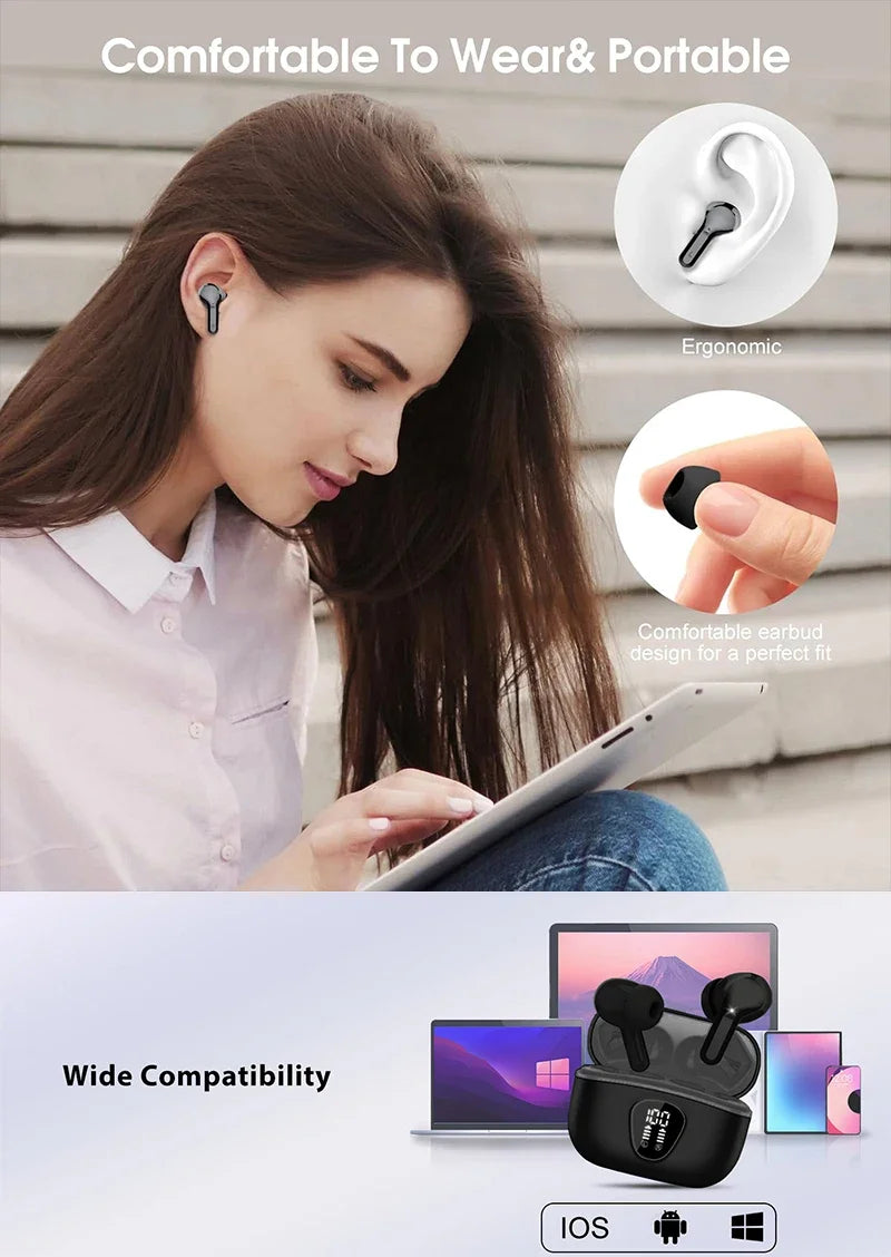 Wireless Bluetooth 5.3 Earbuds – Noise Cancelling, LED Display, 48H Playtime, Waterproof