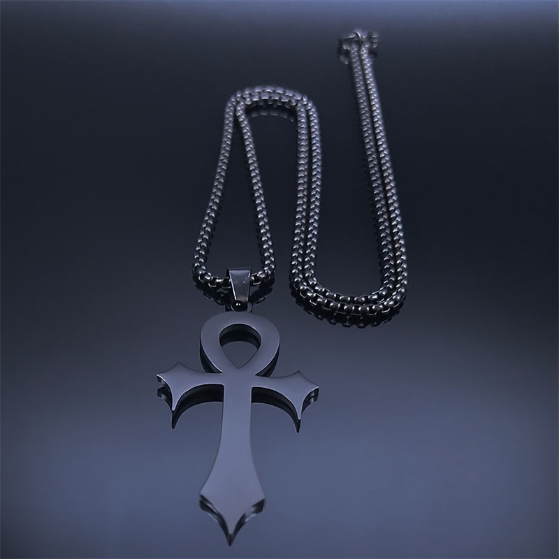 Gothic Egyptian Ankh Cross Necklace – Black Stainless Steel Pendant for Men & Women