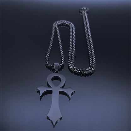 Gothic Egyptian Ankh Cross Necklace – Black Stainless Steel Pendant for Men & Women