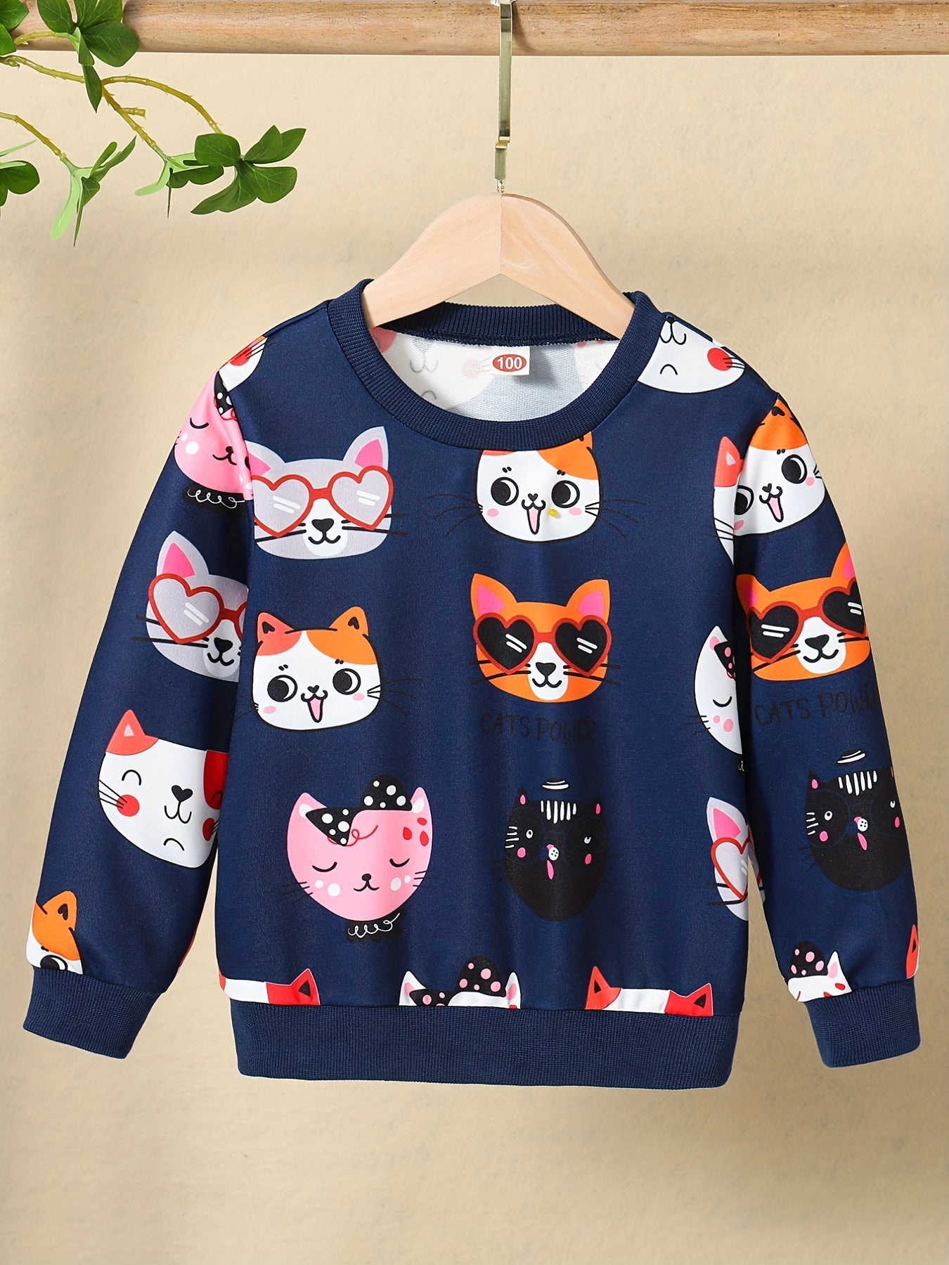 Girls' Cat Print Sweatshirt – Pastel Pink Long Sleeve Top for Everyday & Special Occasions