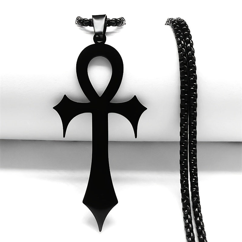 Gothic Egyptian Ankh Cross Necklace – Black Stainless Steel Pendant for Men & Women