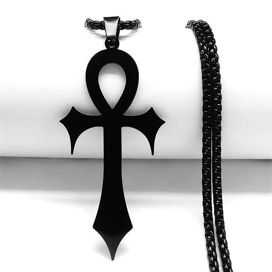 Gothic Egyptian Ankh Cross Necklace – Black Stainless Steel Pendant for Men & Women