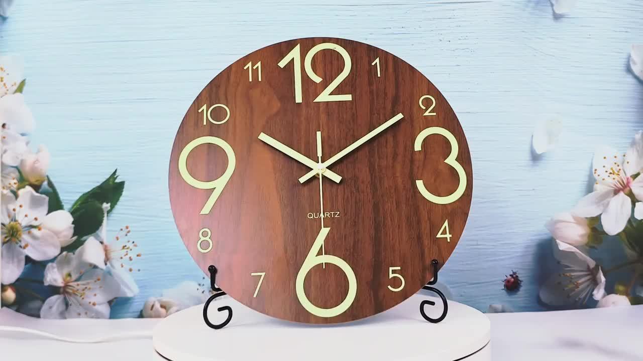 12-Inch Glow in the Dark Silent Wooden Wall Clock for Home Kitchen Office & Bedroom