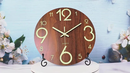 12-Inch Glow in the Dark Silent Wooden Wall Clock for Home Kitchen Office & Bedroom