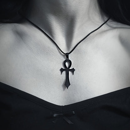 Gothic Egyptian Ankh Cross Necklace – Black Stainless Steel Pendant for Men & Women