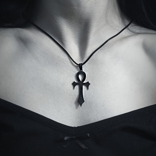 Gothic Egyptian Ankh Cross Necklace – Black Stainless Steel Pendant for Men & Women