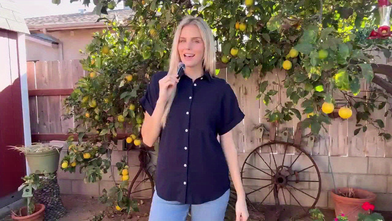 Women’s Casual V Neck Button Up Summer Shirt with Short Sleeves and Pockets – Light Grey