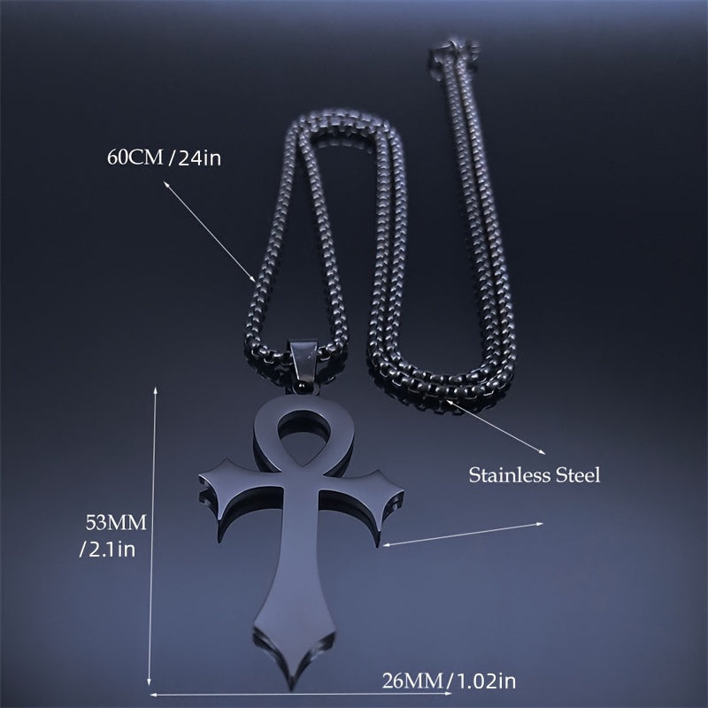 Gothic Egyptian Ankh Cross Necklace – Black Stainless Steel Pendant for Men & Women